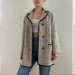 Vintage mid century wool Welsh Tapestry Coat 60's pattern tailored cream green